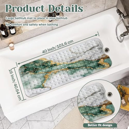Marble Bath Tub Mat Non Slip, Green Gold Marble Non Slip Bath Mat for Shower, Large Washable Shower mats for Showers with Drain Holes and Suction Cups,40 X 16 Inch - color: Green Marble
