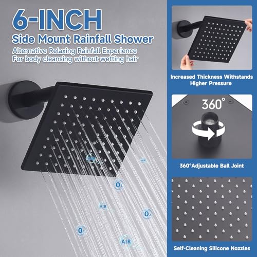 Dual Rainfall Shower Head System Matte Black, 3-Function Push Button Shower Faucet Set with 12" Wall Mount Rain shower head and 6" Wall Mount Shower Head, Pressure Balance Rough-in Valve - color: Matte Black, style: Wall Mount