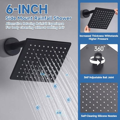 Dual Rainfall Shower Head System Matte Black, 3-Function Push Button Shower Faucet Set with 12" Wall Mount Rain shower head and 6" Wall Mount Shower Head, Pressure Balance Rough-in Valve - color: Matte Black, style: Wall Mount