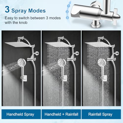 Hibbent All Metal 8" High Pressure Rain Shower Head Combo, Chrome | cUPC Certified Rainfall Shower Head with handheld 10 Sprays, 16'' Adjustable Extension Arm, 71'' Hose, Showerhead Holder - color: Chrome, style: Square 8''
