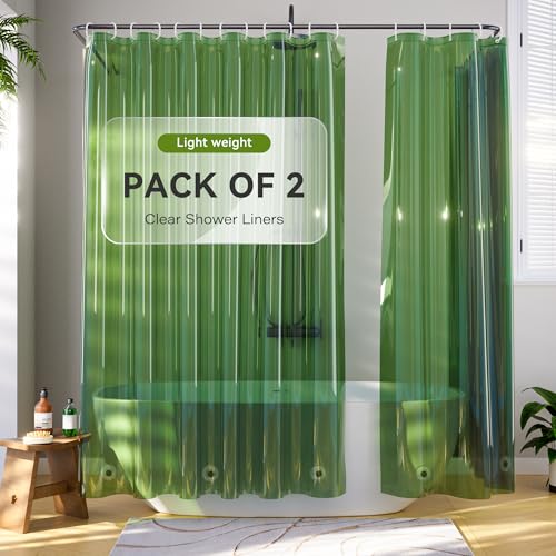 2 Pack Shower Curtain Liner, Lightweight Clear Plastic Shower Liner PEVA 72 x 72 Waterproof Shower Curtains for Bathroom with 3 Strong Magnets and Rustproof Grommets, Clear Green - color: Clear Green, size: 72"W x 72"L (Pack of 2)