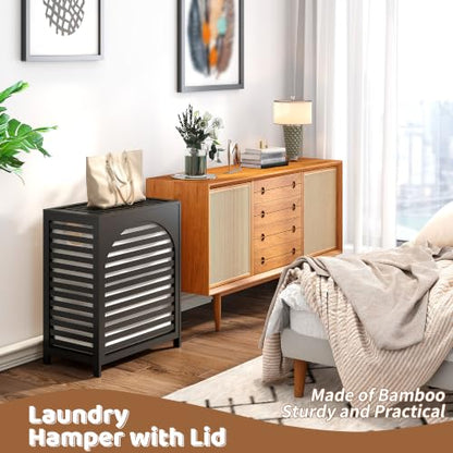 Laundry Hamper with Lid, Bamboo with Handles and Removable Liner Bag, 125L Laundry Basket for Bedroom, Bathroom & Laundry Room(Black) - color: Black