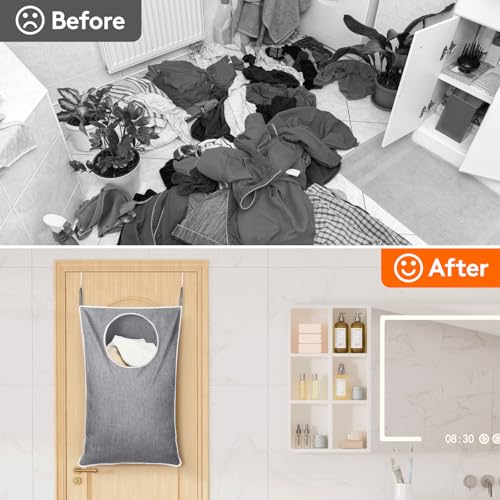 Over Door Laundry Hamper, Large Collapsible Hanging Laundry Hamper, Hanging Laundry Basket Bag for Bathroom Bedroom Dirty Clothes Storage Organizer, Light Gray