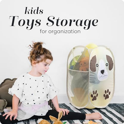 Pop Up Laundry Hamper, Cute Puppy 71L Collapsible Mesh Basket with Handles | Breathable Foldable Clothes Basket, Reinforced Handles, Side Pocket - for Dorm, Travel, Kids Room, Bedroom - Handy Laundry - color: Puppy