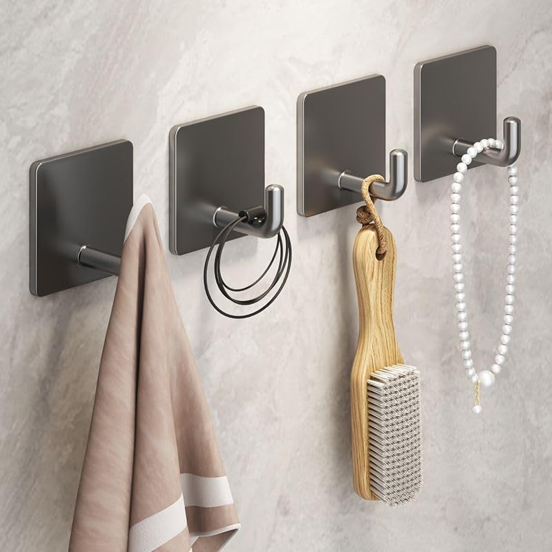 6 Pcs Stainless Steel Adhesive Hooks, Heavy Duty Waterproof in Shower Hook for Hanging Loofah, Towels, Clothes, Robes for Bathroom Removable Adhesive Wall Door Hangers, Square