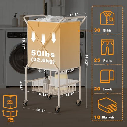Convenient Laundry Basket with Wheels,36" High Easy Rolling Laundry Cart with Wheels,Heavy Duty Dirty Clothes Laundry Hamper with Handles Removable Bag for Seniors,Folding Metal Frame/Yellow/98L - color: Yellow