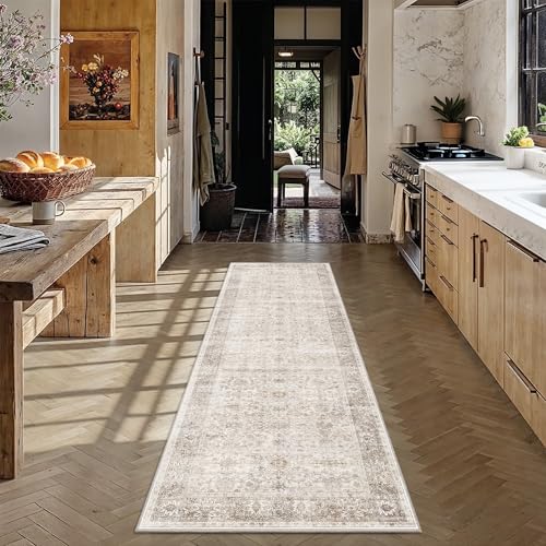 2x5 Runner Rug Neutral Vintage Washable Runner Rugs for Hallway Kitchen | Boho Hallway Runner Rug Low Pile Non-Slip Retro Distressed Long Throw Rug for Entryway Bathroom Bedroom - color: Neutral Beige, size: 2'*5'(Runner)