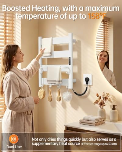 Wall Mounted Heated Towel Rack, 4-Bar Towel Warmer for Bathroom | PTC Fast Heating Up to 170°F in 6 Minutes, Adjustable Temperature 110–170°F, 2–12H Timer, Space Aluminum, Matte White - color: White, size: 4-Bars