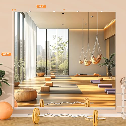 Hasipu Home Gym Mirror, 83"x40" Each, 2-Pack Frameless Wall Mounted Mirrors with Glass Clamps & 1 Aluminum Rail, Large Body Mirror for Home Gym, Yoga Studio, Bedroom, Silver Tempered Glass - size: 83"x40" - 2PCS