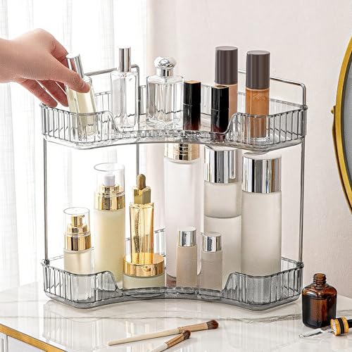 INVSSENE Corner Bathroom Countertop Organizer, 2 Tiers Vanity Trays for Counter, Makeup Organizers, Perfume Tray, Kitchen Spice Rack, Smoky Gray - color: Gray, size: 13.6" x 10" x 15.1"