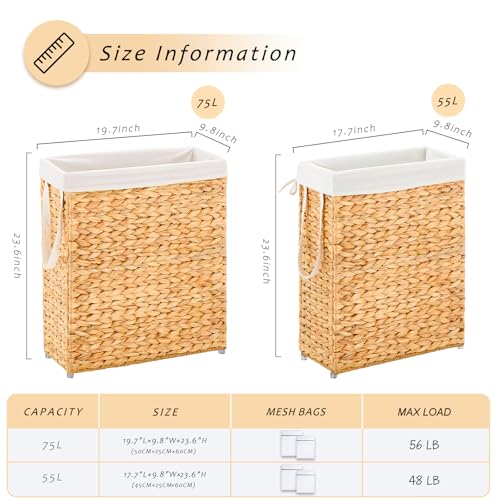 Handwoven Slim Laundry Hamper, 55L Narrow Laundry Basket, Natural Water Hyacinth Basket and Handles and Removable Liner Bag & 2 Mesh Bags (Natural, 55L) - color: Natural, size: 55L