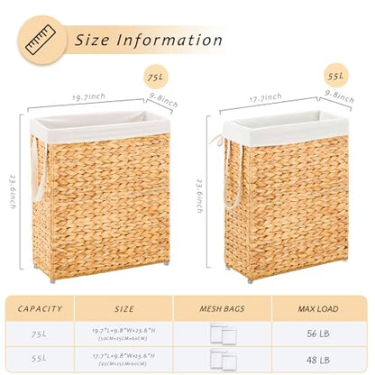 Handwoven Slim Laundry Hamper, 55L Narrow Laundry Basket, Natural Water Hyacinth Basket and Handles and Removable Liner Bag & 2 Mesh Bags (Natural, 55L) - color: Natural, size: 55L