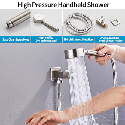Brushed Nickel Shower Tub Faucet Set, Wall Mounted 12 Inch Shower Heads with Handheld Spray Combo and Tub Shower Faucet, Luxury Bathroom Square Rain Shower System - 4 Hooks - color: Brushed Nickel, style: 12 Inch with Tub Spout