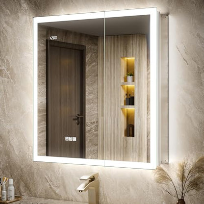 30x32 LED Medicine Cabinet Mirror with Double Lights-Front & Backlit, 155°Soft-close Hinge, Surface or Recessed Dimmable Lighted Medicine Cabinet Mirror with Clock Outlet Inner Light,Anti-fog - size: 30x32'' (Cabinet)