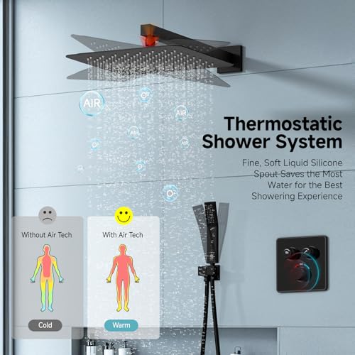 SR SUN RISE 100℉ Brushed Matte Black Shower System,12 Inch | Luxury Rainfall Shower Head,High-Pressure Handheld Shower,Soild Brass,Wall Mount,Valve and Trim Kit Included - color: Matte Black, style: 12"