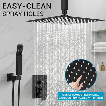 10" Square Ceiling Rain Shower Faucet Set,Matte Black | Anti-scald cartridge, air tech boosts pressure 30%, dual spray, NPT 1/2 - color: Matte Black, style: 10''-Ceiling Mount