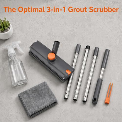 3-in-1 Floor Scrub Brush with Long Handle, Rotating Head Squeegee & Tweezer | Stiff Dual-side Bristle, 50'' Extension Pole, Stainless Steel, Multi-Surface for Shower Tile Patio Kitchen Deck Cleaning