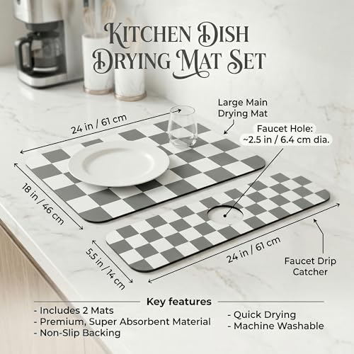 Customizable Dish Drying Mat & Sink Splash Guard Set: 24"Lx16"W Kitchen Counter Protector & 24"Lx5.5"W Mat Trimmable to Fit Irregular Sink with 2 & 3 Holes or Soap Dispenser - Absorbent Drip Catcher - size: 24" x 16"