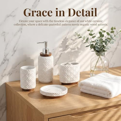 RQYIXI Ceramic 4-Piece Bathroom Accessories Set,White | Countertop Essentials Embossed Textured Design Solid Wood Non-Slip Detail Pearl White Finish - color: White, size: Embossed Textured-4-Piece