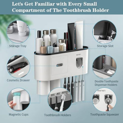 Toothbrush Holders Wall Mounted, Toothbrush Holder with Automatic Toothpaste Dispensers, 6 Brush Slots, 2 Magnetic Cups,1 Cosmetic Drawer Organizer and 1 Large Storage Tray - size: Black 2 Cups