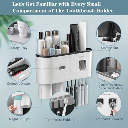 Toothbrush Holders Wall Mounted, Toothbrush Holder with Automatic Toothpaste Dispensers, 6 Brush Slots, 2 Magnetic Cups,1 Cosmetic Drawer Organizer and 1 Large Storage Tray - size: Black 2 Cups