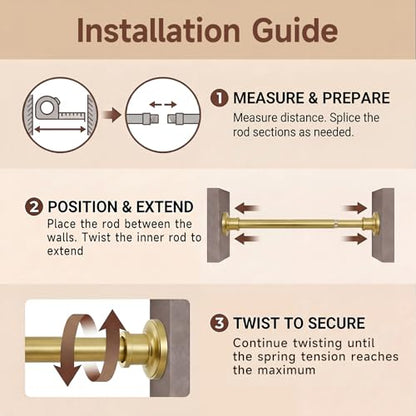 Gold Tension Curtain Rod 24 to 64 Inch(2-5.3ft) - Spring Tension Shower Curtain Rod, No Drilling Brass Gold Tension Rod for Curtains Windows Closet Kitchen - color: Gold, size: 24-64 Inches