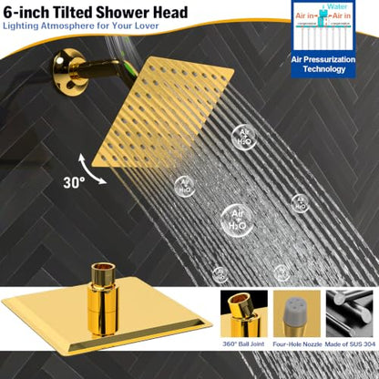 ENGA Bright Gold Dual Rain LED Shower System, 14"x20" Shower Head + 6" Wall Shower, 4 Body Jets with Individual On/Off & Adjustable Water Pressure, Rainfall Shower Faucet Set - color: Bright Gold, style: 14X20" Led Shower - Body Jets