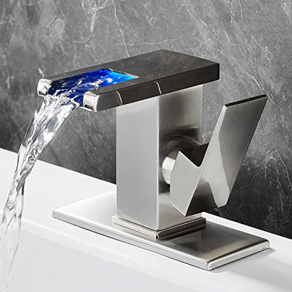 Waterfall Bathroom Faucet, LED Faucet Waterfall, Brushed Nickel Single Hole Bathroom Faucet, Waterfall Bathroom Sink Faucet, Bathroom Faucet with LED Light - color: Brushed Nickel