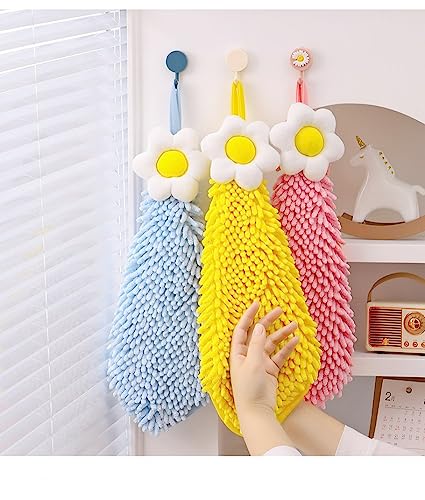 Ivymei 3 Pack Cute Flower Chenille Hand Towels Fuzzy Hanging Hand Towels with Loop for Kitchen Bathroom,Soft Absorbent Hand Bath Towels,Quick Dry(Yellow Pink Blue) - color: Yellow Pink Blue