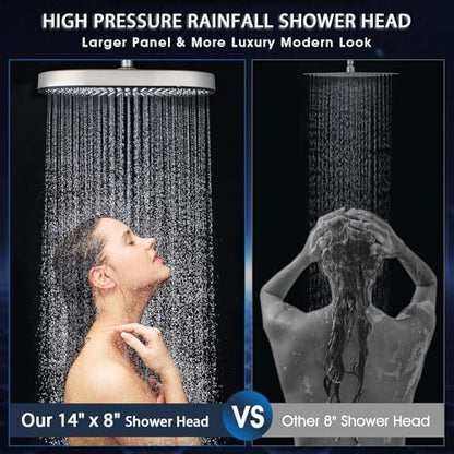 PDPBath 14 Inch Rain Shower Head with 5+1 Settings Handheld Spray Combo, High Pressure Rainfall Shower Head with 16'' Adjustable Extension Arm, 79" Extra Long Hose, 3-Way Diverter, Brushed Nickel - color: Brushed Nickel
