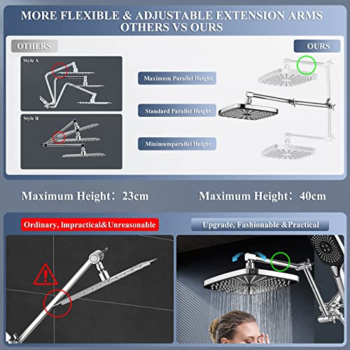 Shower Head with Handheld, 12 Inch Dual Shower Head with Extention Arm, High Pressure Rain Shower Heads, Rainfall Waterfall Showerhead with 3-Way Diverter - Height/Angle Adjustable(Chrome) - color: Chrome, size: 12 Inch