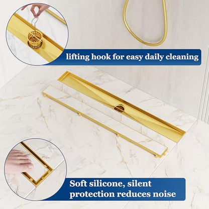 Neodrain 12" Gold Linear Shower Drain,2-in-1 Flat& Tile Insert Cover | 304 Stainless Steel,Fast Drainage, Durable,Rectangle Shower Floor Drain with Adjustable Feet,Hair Strainer,Fits Bathrooms - color: Golden, size: 12 In