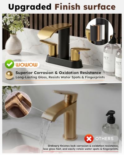 WOWOW Waterfall Centerset Black Gold 4 inch Vanity Bathroom Faucet 3 Hole - color: Black and Gold