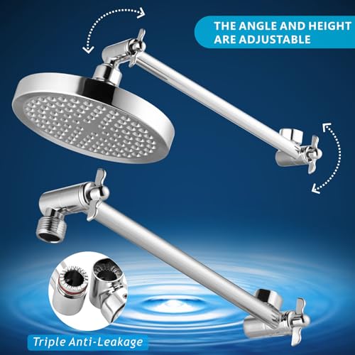 High Pressure Rain Shower Head with 11'' Extension Arm - High Flow Rainfall Showerhead - Luxury Modern Look - Pressure Boosting(Round, Chrome) - color: Chrome, style: 6" Round