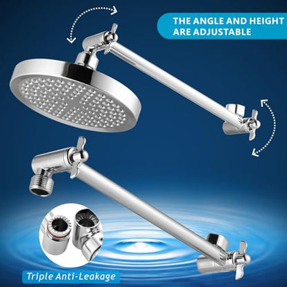 High Pressure Rain Shower Head with 11'' Extension Arm - High Flow Rainfall Showerhead - Luxury Modern Look - Pressure Boosting(Round, Chrome) - color: Chrome, style: 6" Round