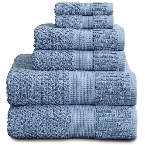 NY Loft 100% Cotton 6-Piece Bath Towel Set | Blue | Oeko-TEX | Quick-Dry | 30" x 52" Bath Towels | 16" x 28" Hand Towels | 12" x 12" Washcloths | Super Absorbent | Designer-Styled Texture - color: Blue Shadow, size: 6 Piece Set