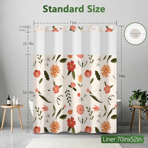No Hook Shower Curtain with Liner, Floral Shower Curtain with Sheer Top Window and Weighted Hem, Summer Farmhouse Double Layers Waterproof Fabric Shower Curtains for Bathroom and Hotel, 71" W x 74" L - color: Lively Garden