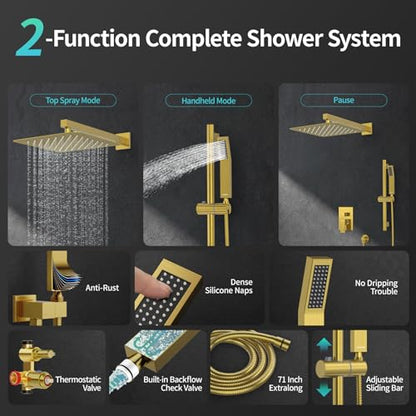 SR SUN RISE 12 Inch Square Shower System with Slide Bar,Brushed Gold | Rain Head and Handle System,16" Adjustable Shower Slide Bar,Soild Brass,Wall Mount,Included Valve and Trim Kit - color: Brushed Gold, size: 12 Inch