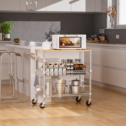 NTE Rolling Kitchen Carts on Wheels, 650Lbs Capacity 3 Tier Utility Cart with Wood Tabletop, Kitchen Storage Cart with 8 Hooks, Metal Serving Cart with Handle and Shelf Liners for Kitchen, Restaurant - color: Wood-silver