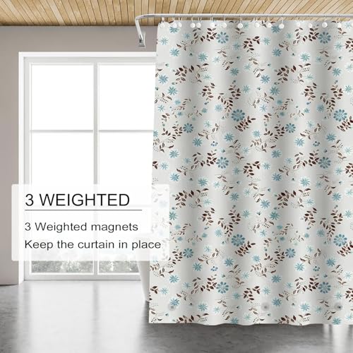 TIKABC Shower Curtain Liner, White Flower 4G PEVA Shower Liner, Plastic Waterproof Shower Curtains, 72x72 inch with Grommet Holes 3 Magnetic Weights - color: Black Leaf Blue Flower