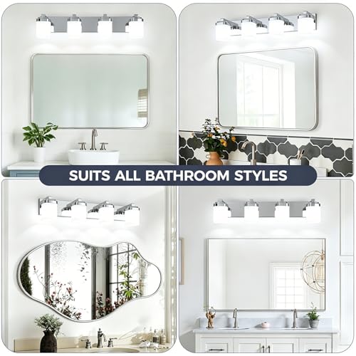 29 Inches Bathroom Vanity Light, 4-Light Chrome Bathroom Light Fixtures Over Mirror, Bathroom Light Shower Lamp with Milky White Square Glass Shade, Modern Farmhouse Lighting Fixtures - color: Chrome, size: 29 Inch : 4-lights