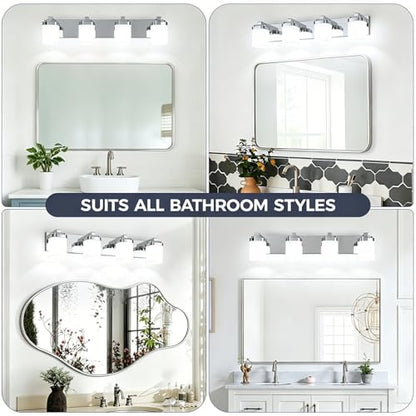 29 Inches Bathroom Vanity Light, 4-Light Chrome Bathroom Light Fixtures Over Mirror, Bathroom Light Shower Lamp with Milky White Square Glass Shade, Modern Farmhouse Lighting Fixtures - color: Chrome, size: 29 Inch : 4-lights
