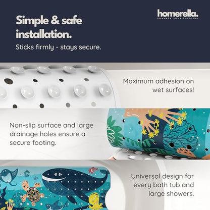 homerella Bathtub Mat Non Slip Kids 40x16 Baby Bath Mat Non Slip Anti Mold | 100% BPA Free, Non Toxic, Mildew Resistant, Machine Washable, Extra Long Kids Bath Mat for Tub Non Slip, Toddler Bath Mat - color: Turquoise Ocean Friends, size: 40" x 16" (Recta