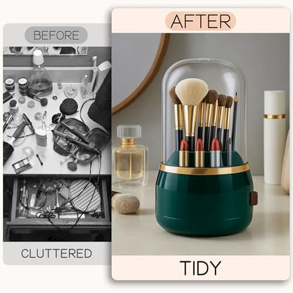 Toothbrush Holder with Lid Cosmetic Tools Organizer 360 Rotating 7-Slot Draining Waterproof Dustproof Make Up Brushes Toothbrush Storage for Dresser Vanity Bathroom Countertop - color: Green rotate