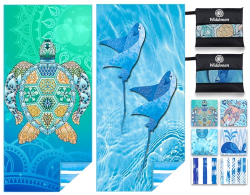 Widdonen Microfiber Beach Towel,Compact 2 Pack-71x32 Inch with Bag Travel | Extra Large,Lightweight,Thin,Sand Free,Quick Dry,Absorbent.Packable for Camping,Swim,Pool,Bath,Picnic,Cruise Essentials Gift - color: 2 Pack Turtle Fly Fish M