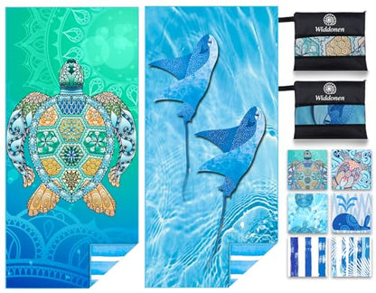 Widdonen Microfiber Beach Towel,Compact 2 Pack-71x32 Inch with Bag Travel | Extra Large,Lightweight,Thin,Sand Free,Quick Dry,Absorbent.Packable for Camping,Swim,Pool,Bath,Picnic,Cruise Essentials Gift - color: 2 Pack Turtle Fly Fish M