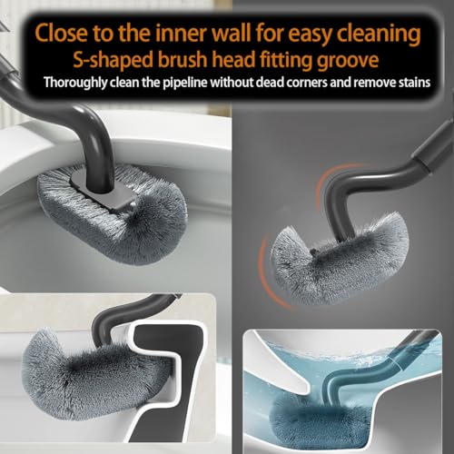 Wall Mounted 31-45 Inch Retractable Long Handle Toilet Brush with 2 Brush Heads (Silicone & Stiff Bristle) - Toilet Bowl Scrubber for Seniors, Pregnant Women, Back Pain Sufferers, Janitors