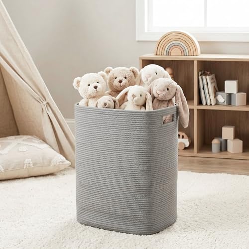 Large Laundry Hamper 16"x13"x22" - Tall Woven Laundry Basket, Cotton Rope Dirty Clothes Hamper, Baby Kids Nursery Wicker Laundry Basket, Bedroom Aesthetic, Soft Laundry Bin, Gray Hamper, 75L - color: Gray