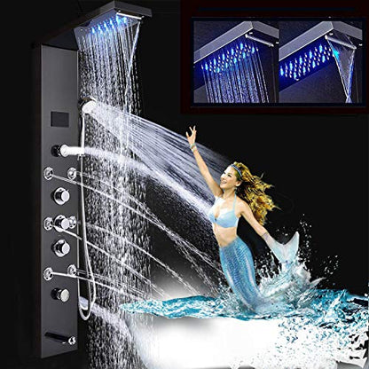 FUZ Contemporary Shower Panel Tower System Stainless Steel 6-Function Faucet LED Rainfall Waterfall Shower Head + Handheld Sprayer + Rain Massage Body Jets + Tub Spout, Black. - color: Black, style: 8009-B
