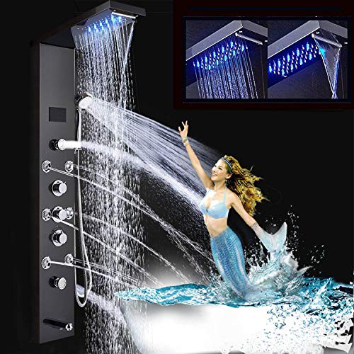 FUZ Contemporary Shower Panel Tower System Stainless Steel 6-Function Faucet LED Rainfall Waterfall Shower Head + Handheld Sprayer + Rain Massage Body Jets + Tub Spout, Black. - color: Black, style: 8009-B